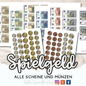 Peut inclure: Ensemble de monnaie de jeu imprimable comprenant des billets et des pièces en euros. L'ensemble comprend des coupures de 5, 10, 20, 50, 100 et 200 euros, ainsi que des pièces en euros. Le texte "Spielgeld" et "ALLE SCHEINE UND MÜNZEN" est imprimé en bas de la page.