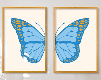 Blue Butterfly Wall Art Set of 2, Light Blue Prints, Preppy Wall Art, Aesthetic Room Decor, Trendy Blue Dorm Decor, Printable Wall Art