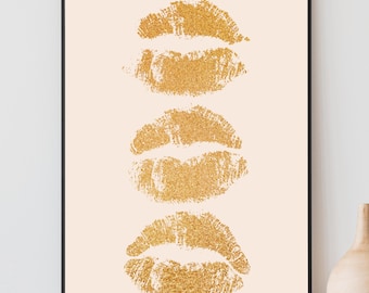 Lips Wall Art, Gold Kiss Poster, Preppy Room Decor, College Apartment Decor, Aesthetic Dorm Room Decor, Trendy Decor, Printable Wall Art