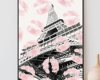 Black and White Eiffel Tower Wall Art, Aesthetic Paris Poster, Coquette Room Decor, Pink Lips Print, Retro Kiss Wall Art, Printable Wall Art