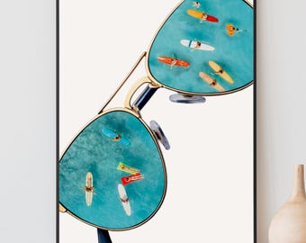 Surf Print, Sunglasses Print, Trendy Coastal Wall Art, Retro Summer Wall Art, Surfing Poster, Aerial Surfers Print, Printable Wall Art