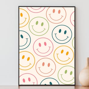 Decorazione murale con faccina sorridente, stampa retrò, decorazione murale funky, arredamento groovy, decorazione carina per la stanza, arredamento preppy per la stanza, download digitale