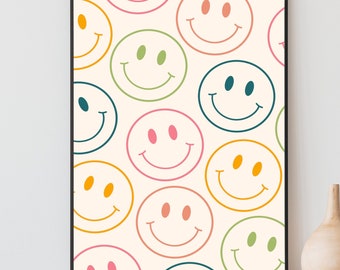 Smiley Face Wall Art, Retro Print, Funky Wall Art, Groovy Decor, Cute Room Decor, Preppy Room Decor, Digital Download