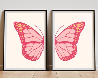 Pink Butterfly Wall Art Set of 2, Preppy Wall Art, Aesthetic Room Decor, Butterfly Poster, Cute Room Decor, Art Prints, Printable Wall Art