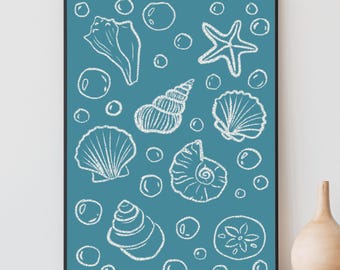 Handdrawn Seashell Wall Art, Coastal Wall Art, Summer Beach Print, Starfish Wall Art, Nautical Apartment Decor, Printable Wall Art