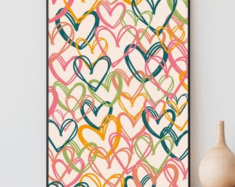 Preppy Hearts Wall Art, Colorful Heart Print, Y2K Aesthetic Decor, Cute Room Decor, College Apartment Decor, Trendy Printable Wall Art