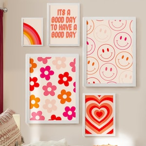 Schlafzimmer Dekor, Retro Wand Kunst 5er Set, Groovy Wandkunst, Maximalist Dekor, Smiley Wandkunst, Gänseblümchen Wandkunst, druckbare Wandkunst