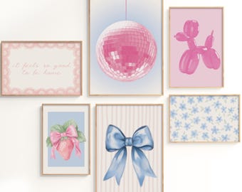 Coquette Gallery Wall Set, Blue and Pink Dorm Decor, Discoball Decor, Bow Wall Art, Strawberry Print, Hand-Drawn Prints, Printable Wall Art
