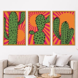 Cactus Wall Art set van 3, woestijn decor, zuidwestelijke decor, College appartement decor, maximalistische westerse decor, abstracte afdrukbare Wall Art
