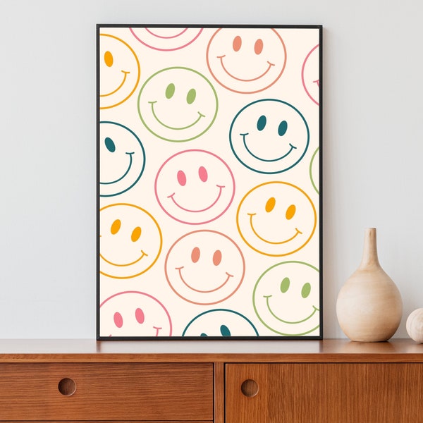 Smiley Face Wall Art, Retro Print, Funky Wall Art, Groovy Decor, Cute Room Decor, Preppy Room Decor, Digital Download