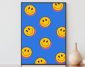 Smiley Face Wall Art, Indie Room Decor, Groovy Decor, Funky Prints, Retro Poster, Printable Wall Art
