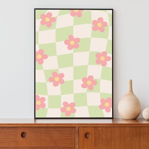 Daisy Wall Art, Retro Print, Groovy Decor, Funky Wall Art, Checkered Decor, Sage Green Decor, Printable Wall Art