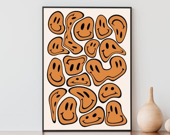 Indie Room Decor, Smiley Face Wall Art, Orange Wall Art, Trippy Wall Art, Aesthetic Poster, College Apartment Decor, Printable Wall Art