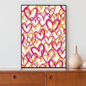 Pink and Orange Preppy Heart Wall Art, Dorm Room Decor, Preppy Room Decor, Maximalist Decor, College Apartment Decor, Printable Wall Art