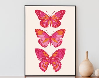 Pink and Orange Butterfly Wall Art, Preppy Wall Art, Maximalist Wall Art, Cute Butterfly Poster, College Apartment Decor, Printable Wall Art