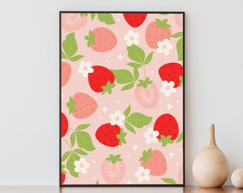 Strawberry Decor, Danish Pastel Room Decor, Preppy Wall Art, Cottagecore Decor, Pastel Art Prints, Pink Wall Art, Printable Wall Art