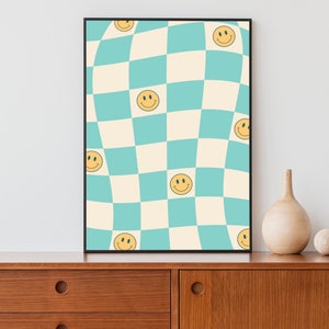 Smiley Face Wall Art, Retro Print, Groovy Decor, Funky Wall Art, Checkered Decor, Indie Room Decor, Digital Download, Printable Wall Art