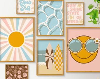 Retro Summer Wall Art Set of 7, Coastal Wall Art, Ocean Aesthetic, Preppy Beach House Decor, Surfboard Print, Shell Art, Printable Wall Art