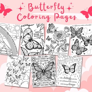 Páginas para colorear de mariposas, Libro para colorear digital con temas de la naturaleza, Páginas para colorear de mensajes conscientes, Páginas para colorear imprimibles para adultos y niños