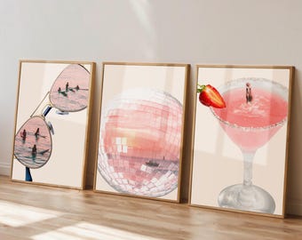 Pink Coastal Wall Art Set of 3, Disco Ball Room Decor, Trendy Beach Aesthetic, College Apartment Decor, Retro Summer Art, Printable Wall Art