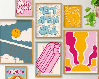 Retro Summer Gallery Wall Set, Pink Coastal Art, Sun Kissed Print, Abstract Sun, Preppy Beach Decor, Surfboard Print, Printable Wall Art