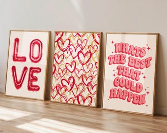 Cute Red and Gold Prints Set of 3, Preppy Room Decor, College Apartment Decor, Y2K Art, Hearts Poster, Maximalist Decor, Printable Wall Art