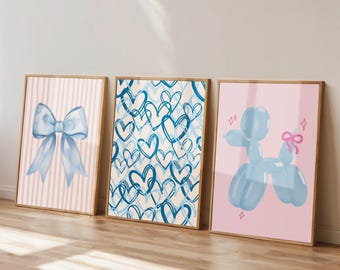 Coquette Wall Art Set of 3, Blue Heart Wall Art, Cute Dorm Decor, College Apartment Decor, Preppy Wall Art, Bow Print, Printable Wall Art