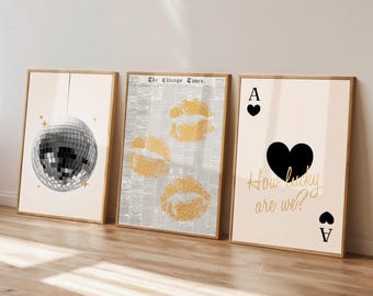 Trendy Wall Art Set of 3, Newspaper Wall Art, Retro Kiss Poster, Ace of Hearts Print, Disco Art, College Apartment Decor, Printable Wall Art