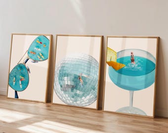 Coastal Wall Art Set of 3, Disco Ball Room Decor, Trendy Beach Aesthetic, College Apartment Decor, Retro Summer Wall Art, Printable Wall Art