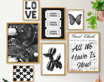 Black White Gallery Wall Set of 7, Trendy Wall Art,Preppy Aesthetic Wall Decor, College Apartment Decor, Disco Art Print, Printable Wall Art