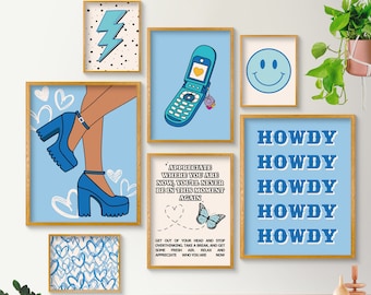 Blue Preppy Aesthetic Room Decor, Retro Wall Art Set of 7, Maximalist Decor, Smiley Face Wall Art, Light Blue Poster Set, Printable Wall Art
