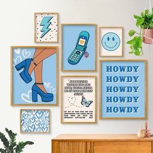 Blue Preppy Aesthetic Room Decor, Retro Wall Art Set of 7, Maximalist Decor, Smiley Face Wall Art, Light Blue Poster Set, Printable Wall Art