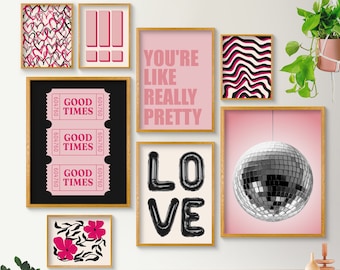 Black and Pink Wall Art Set of 7, Preppy Room Decor, Trendy Y2K Wall Art, College Apartment Decor, Maximalist Decor, Cute Printable Wall Art