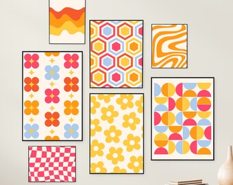 Retro Gallery Wall Set of 7, Mid Century Modern Wall Art, Groovy Decor, Abstract Wall Art, Colorful Wall Art, Printable Wall Art