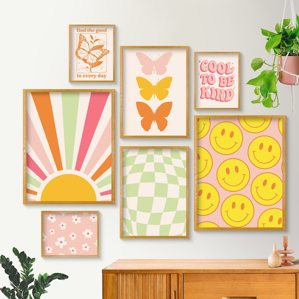 Retro Wall Art Set of 7, Danish Pastel Decor, Smiley Face Wall Art, Groovy Wall Art, Preppy Room Decor, Aesthetic Prints, Printable Wall Art