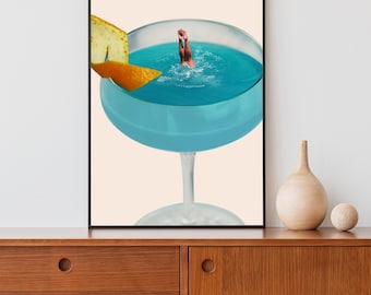 Coastal Cocktail Wall Art, Retro Summer Wall Art, College Apartment Beach Decor, Funky Disco Aesthetic, Trendy Bar Cart, Printable Wall Art