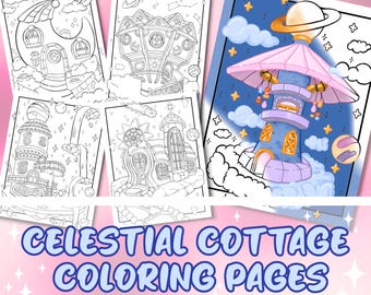 Celestial Cottage Coloring Pages, Cozy Fantasy Coloring Book, Cute Galaxy Coloring Pages, Space Theme Pages, Printable Adult Coloring Pages