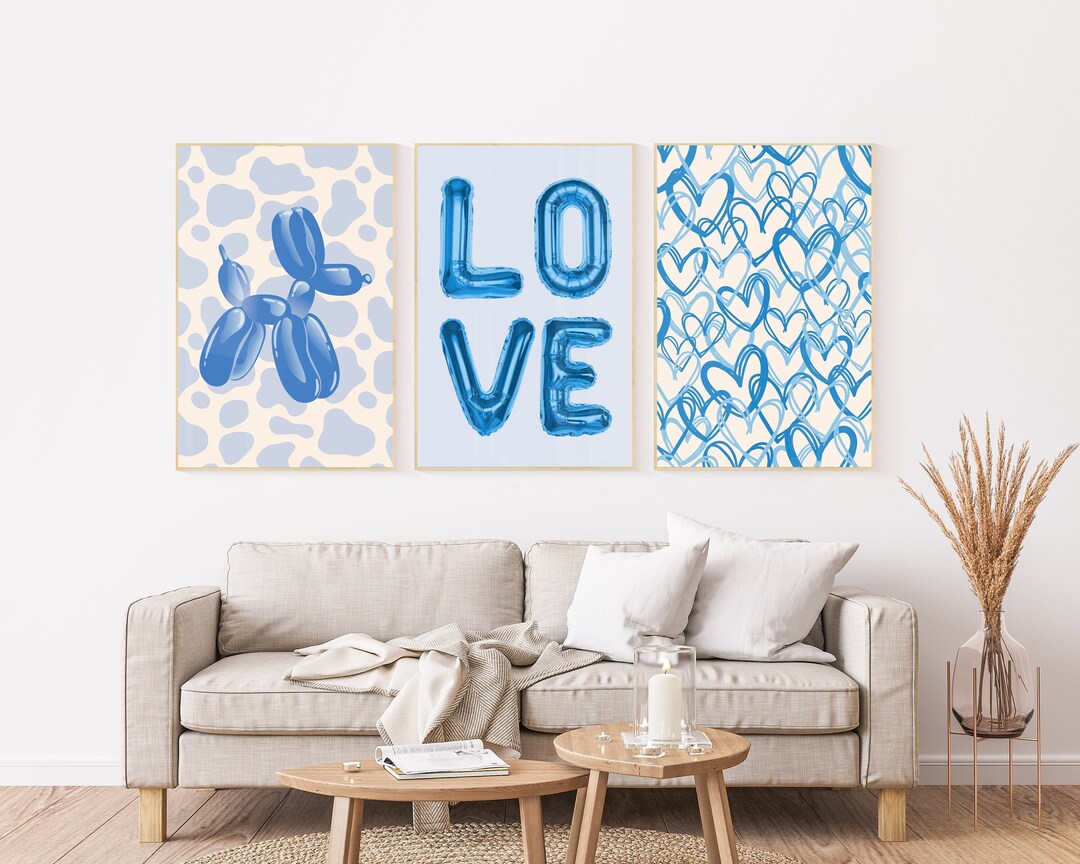 Preppy Wall Art Set of 3 Blue Heart Wall Art Trendy Etsy