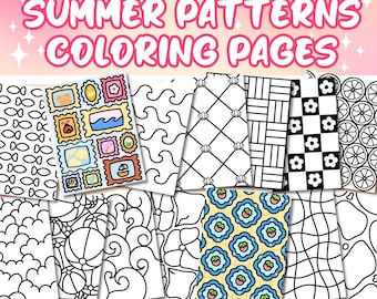 Summer Pattern Coloring Pages, Bold & Easy Coloring Book, Cute Retro Beach Coloring Pages, Printable Adult Coloring Sheets, Instant Download
