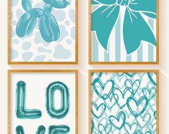 Preppy Blue Room Decor Set of 4, College Apartment Decor, Bow Wall Art, Heart Poster, Balloon Dog Print, Love Prints, Printable Wall Art