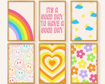 Classroom Decor, Retro Wall Art Set of 6, Classroom Posters, Colorful Wall Art, Smiley Face Wall Art, Printable Wall Art