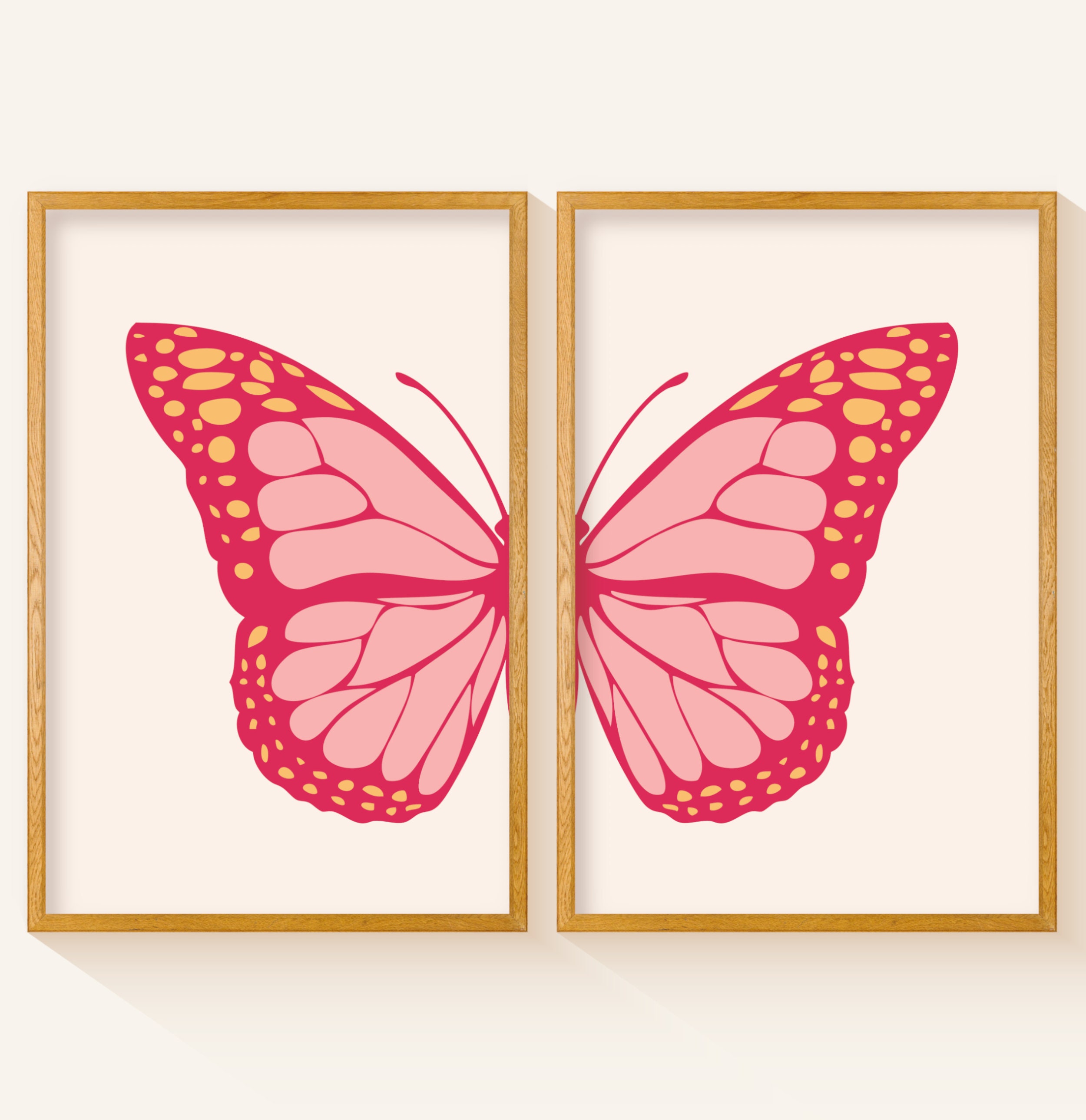 Pink Butterfly Wall Art Set of 2, Preppy Wall Art, Aesthetic Room Decor