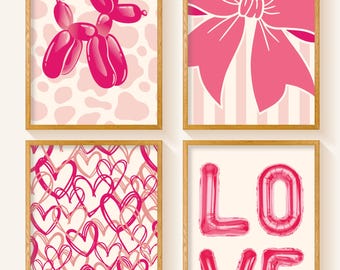 Preppy Room Decor Set of 4, College Apartment Decor, Bow Wall Art, Heart Print, Balloon Dog Poster, Coquette Art Prints, Printable Wall Art