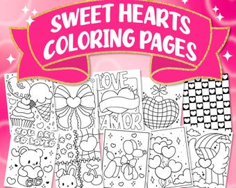 Cozy Sweethearts Coloring Set, Preppy Cute Heart Coloring Pages, Love Coloring Book, Sweet Aesthetic Heart Designs, Fun Retro Disco Prints