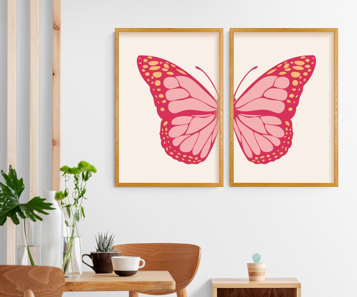 Pink Butterfly Wall Art Set of 2 Preppy Wall Art Aesthetic Etsy