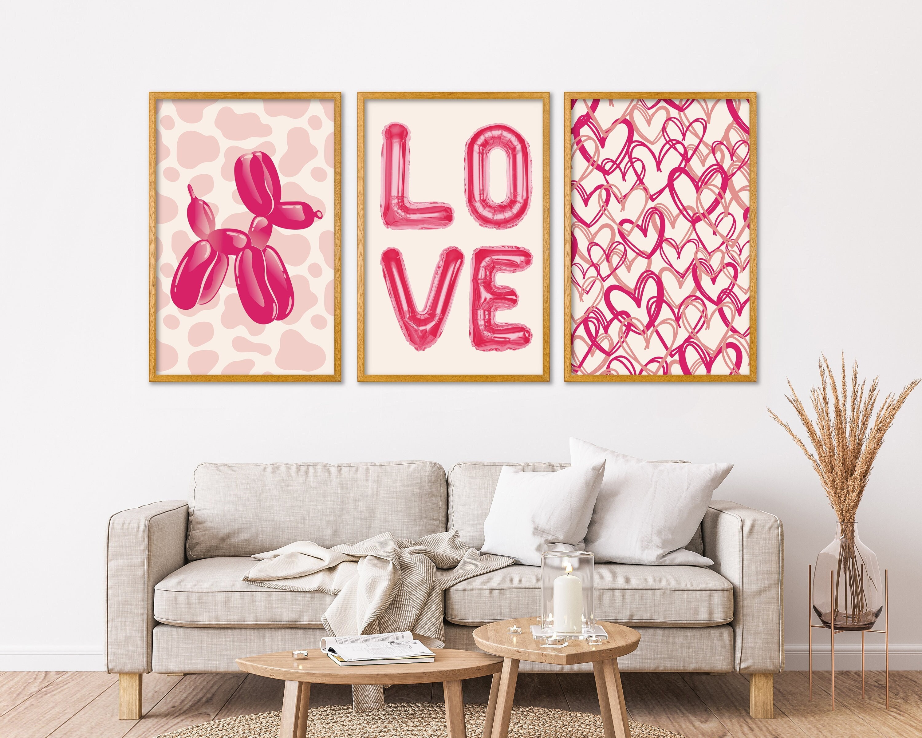 Preppy Room Decor Set of 3, Retro Balloon Dog Print, College Apartment Decor, Preppy Hearts ...