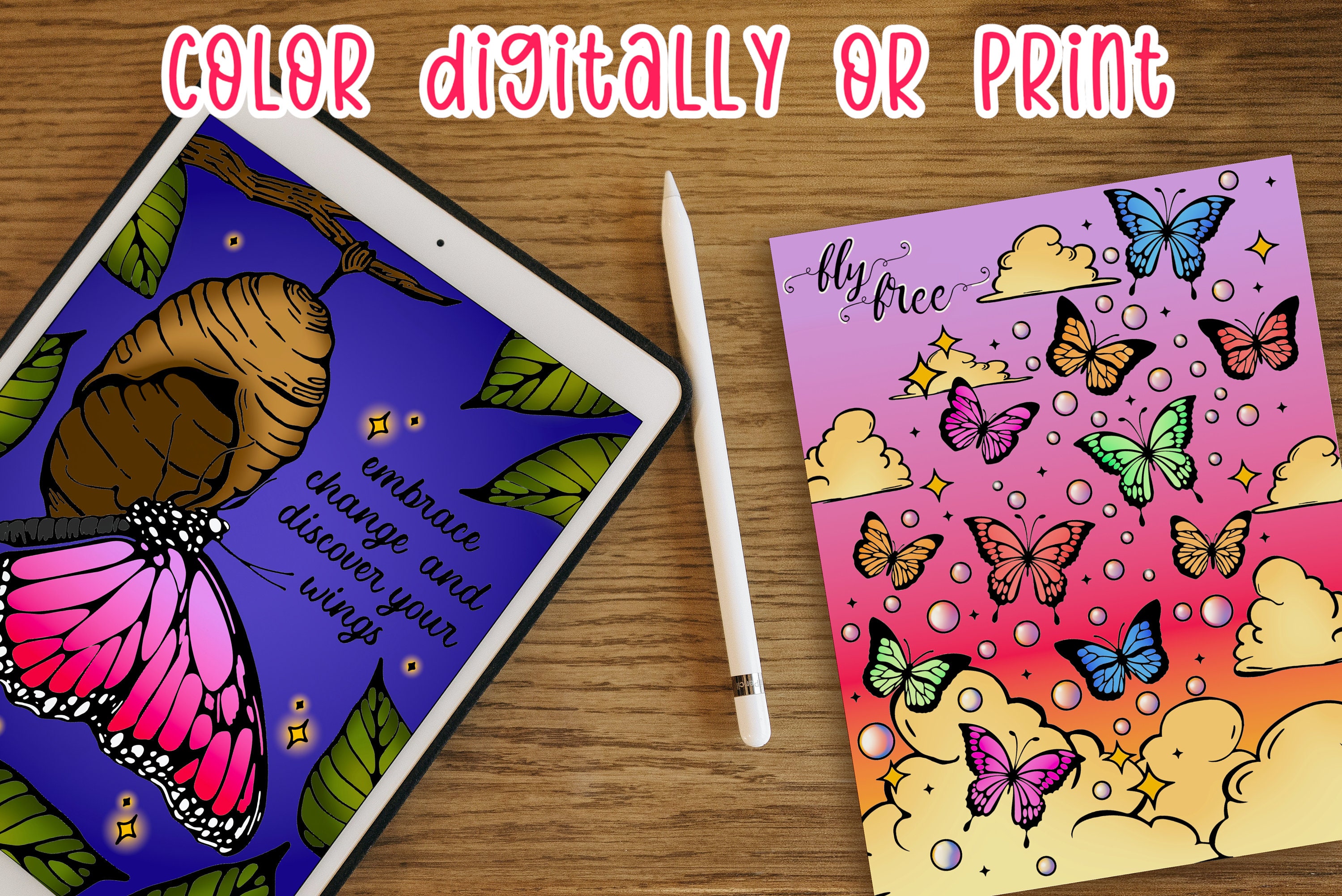 Butterfly Coloring Pages, Nature Theme Digital Coloring Book, Mindful