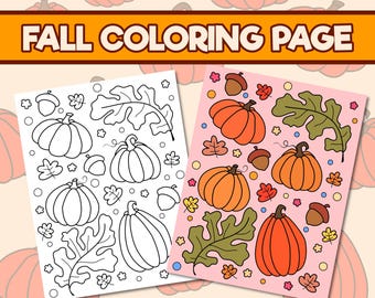 Fall Coloring Page, Cute Pumpkin Coloring Sheet, Cozy Autumn Coloring, Floral Leaves Coloring, Printable Coloring Pages for Adults and Teens