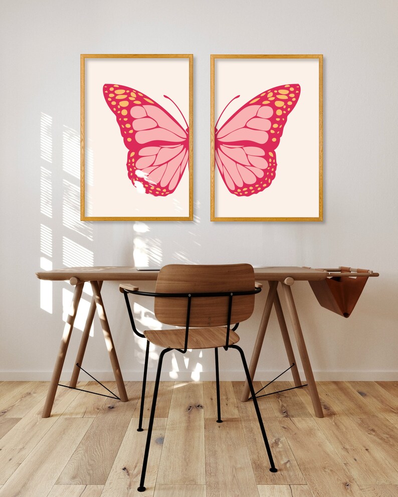 Pink Butterfly Wall Art Set of 2, Preppy Wall Art, Aesthetic Room Decor