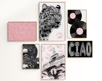 Conjunto de parede para galeria com estampa de leopardo rosa, decoração moderna para apartamento universitário, decoração chique com rosas, estampa vintage da Torre Eiffel, vinil retrô, arte de parede para imprimir.